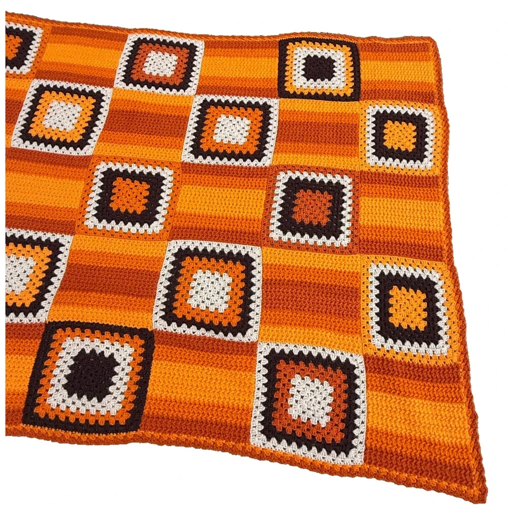 Crocheted Granny Square and Stripes Woolen Blanket Afghan Orange Handmade 78x54